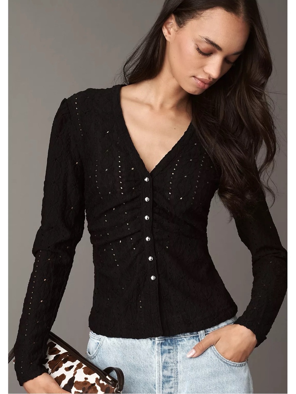 NWT Anthropologie Maeve Textured Eyelet Long Sleeve Top Black